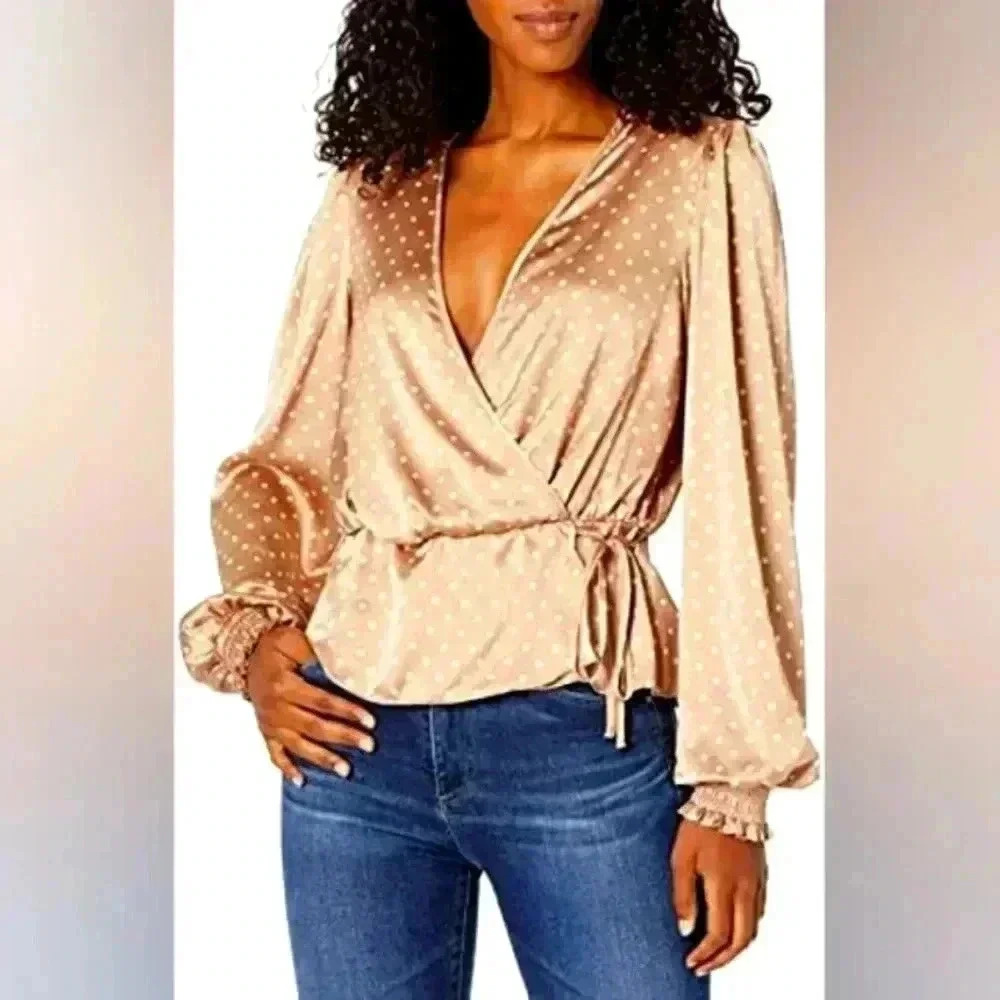 GUESS Silky Peplum Polka Dot Wrap Top - Picture 3 of 5